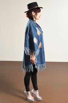 "Hopi Kokopelli/ Salamander Coat/ Native American Denim Jacket/ Denim Fringe Poncho/ Denim Fringe Cape/ Denim Fringe Coat/ Size L The Kokopelli is sacred in Hopi culture and is esteemed as a fertility God. You can read about the imagery of this coat here. https://www.indigenouspeople.net/kokopelli.htm Made by PTNY in India. 100% cotton. In excellent condition, hardly or perhaps never worn. Is part poncho, part coat. There are sleeves, but they are also open! Buttons up the front! Two front pocke Oversized Blue Denim Jacket With Frayed Hem, Oversized Indigo Denim Jacket For Fall, Oversized Blue Denim Vest For Fall, Oversized Recycled Denim Jacket For Fall, Oversized Dark Wash Outerwear With Frayed Hem, Oversized Denim Outerwear With Frayed Hem, Bohemian Denim Blue Denim Outerwear, Pre-washed Denim Jacket For Fall, Pre-washed Denim Blue Jacket For Fall