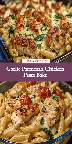 Satisfy your cravings with this delicious Garlic Parmesan Chicken Pasta Bake recipe! Tender chicken, flavorful garlic, and creamy parmesan sauce, baked to perfection with al dente pasta. This comforting dish is perfect for family dinners or potlucks. Try this easy-to-make recipe today and treat your loved ones to a mouthwatering meal they won't forget! Baked Chicken Pasta Recipes, Garlic Parmesan Chicken Pasta, Parmesan Chicken Pasta, Pasta Bake Recipe, Creamy Parmesan Sauce, Chicken Parmesan Pasta, Chicken Pasta Bake, Creamy Parmesan, Parmesan Sauce