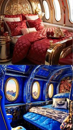 the interior of an airplane with blue and gold decor on it's walls, bedding and pillows