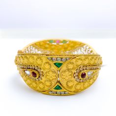 Ornate Regal 22k Gold Stone Cuff Ornate Hand Set Bangle For Formal Occasions, Festive Jeweled Bangle For Formal Occasions, Elegant Cuff Bracelet For Formal Festive Occasions, Formal Gold Jeweled Bangle, Festive Formal Jeweled Bangle, Elegant Formal Cuff Bracelet For Festive Occasions, Elegant Formal Festive Cuff Bracelet, Formal Gold Bracelet With Intricate Design For Festivals, Gold Jeweled Fusion Bangle