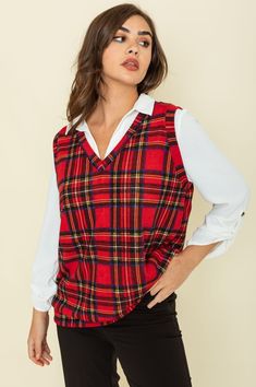 Elevate your style with our women's casual red plaid layering vest, perfect for any occasion. shop now for comfort and versatility! Plus Size Dressy, Plaid Sweater Vest, Vest Layering, Plaid Cardigan, Plaid Vest, Plaid Sweater, Hooded Cardigan, Vest Outfits, Sweater Blouse