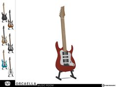 an electric guitar is standing upright in different colors and sizes, all with the same body shape