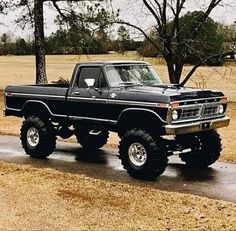 a black pickup truck parked on the side of a road in front of a tree