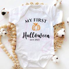 Personalized My First Halloween Baby Bodysuit  Designs printed on 100% cotton Gerber Onesies  Available in black and white. My First Halloween Onesie, Black Cotton Halloween Onesie, White Onesie Halloween Costume, Customizable Black Cotton Onesie, White Bodysuit For Halloween Costume Party, Cute White Bodysuit For Halloween, Infant Halloween, Babys 1st Halloween, Halloween Bodysuit