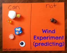 an orange piece of paper with words and pictures on it that say wind experiment predicing