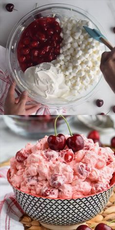 cherries and marshmallows in a bowl with whipped cream on the top