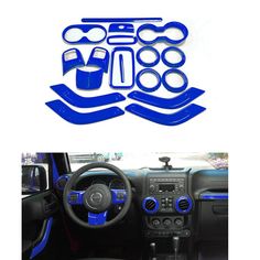 the interior of a car with blue trims and steering wheel cover, dash stickers