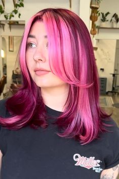 Pink With Pink Highlights, Pink And Red Hair Ideas, Pink Hair Color Ideas For Brunettes Straight Hair, Red Hair With Hot Pink Highlights, Magenta Hair With Pink Highlights, Pink Vivid Hair, Pink Highlighted Hair, Magenta And Red Hair, Valentine Hair Color