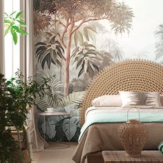 a bedroom with tropical wallpaper and palm trees on the walls, along with a wicker bed