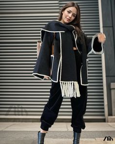 Zlily - Double-Sided Fringe Scarf with Loose-Fitting Embroidered Jacket - Neomay Brown Tassel Scarf, Fringe Scarf, Embroidered Jacket, Jacket Coat, Black Coat, Double Sided, Loose Fitting, Coats Jackets, Solid Color