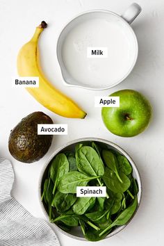 an assortment of fruits and vegetables on a white surface with labels labeled in spanish for the ingredients