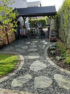 an outdoor area with rocks and gravel in the foreground, surrounded by greenery