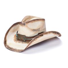 The Stampede Hats "Blaze" Cowboy Hat is a beautiful style with enough flair to make you stand out whilst being subtle as well. This western hat features a colored brooch at the front and a genuine brown leather band. It has a 3.75 inch brim that is bent down slightly in front and back for the classic cowboy look. Western Hat Styles, Western Hats For Women, Boho Cowboy, Trending Hats, Canvas Hat, Rancher Hat, Western Hat, Western Wear For Women, Feather Hat