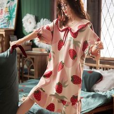 Sweet dreams are made of this 🍓🌙 Slip into our Strawberry Print Midi Nightgown for a cozy night in. This Women's Sleep One Piece Pajama Nightdress #753 is perfect for lounging or sleeping in style. Available in XL size and a beautiful shade of pink, it's the perfect addition to your sleepwear collection. #StrawberryNightgown #Sleepwear #Nightdress #WomenPajamas #CozyNights 🌟 #Pink #Dress Nightgowns For Women, Cozy Night, Strawberry Print, One Piece Pajamas, Fruit Print, Pajamas Women, Night In, Sweet Dreams, Night Dress