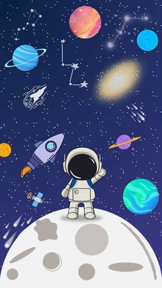 an astronaut is standing on the moon with his arms in the air and looking at planets