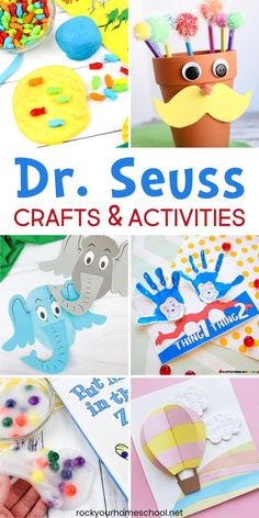 Examples of Dr. Seuss craft ideas and activities like edible playdough with fish, The Lorax claypot pencil holder, Horton the elephant paper plate craft, Thing 1 and Thing 2 handprint craft, zoo slime, and Oh The Places You'll Go card. Dr Seuss Crafts For Kids, Dr Seuss Craft, Dr. Seuss Crafts, Elementary School Craft, Dr Seuss Art