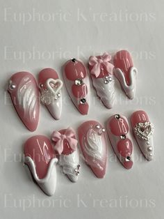 Medium oval shown in photos Some charms may change Girly Nail Ideas, White Nails Trendy, White Nails With Designs, Detailed Nails, Press On Nails White, Trendy Nail Designs, Chrome Nails Designs, Pinterest Nails, Pink Nail Art