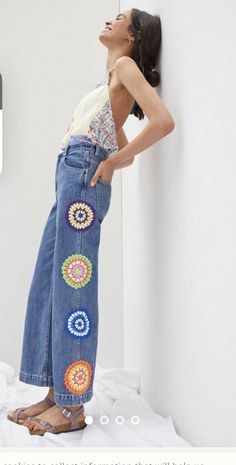 Carleen High-Rise Crochet Wide-Leg Jeans size 10 NEW. Crochet Denim Pants, Jeans With Crochet Patches, Crochet Jeans Patch, Crochet On Jeans, Crochet Jeans, Boho Style Jeans, Denim Crochet, Trouser Pattern, Clothing Crafts