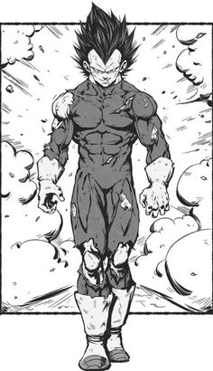 a black and white drawing of gohan standing in front of the sky with clouds