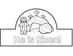 a black and white image with the words he is risen in front of a rock