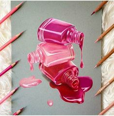 a drawing of a pink lipstick bottle and spilled liquid on a gray paper with colored pencils next to it