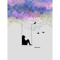 a person sitting on a swing with birds flying around