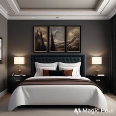 a large bed sitting in a bedroom next to two pictures on the wall above it