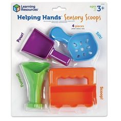 three different colored hand and foot scoops in plastic packaging on a white background with text reading learning resources helping hands memory scoop