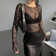 Gothic Party Outfit, Sheer Lace Shirt, Bodycon Shirt, Gothic Party, T Shirt Female, Fits Clothes, Streetwear Summer, Collars For Women, Solid Clothes