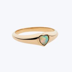 Opal Heart Signet Ring 14k Gold Opal Promise Ring, Polished Yellow Gold Opal Ring, 14k Gold Opal Promise Ring Fine Jewelry, Opal Ring Gift, Opal Ring Gift With Round Band, Minimalist Opal Birthstone Ring For Anniversary, Opal Round Band Ring For Gift, Gift Opal Ring With Round Band, Yellow Gold Opal Promise Ring