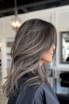 Stunning Salt and Pepper Hair Inspo for Women of All Ages - Flo's Blog Hair Color For White Hair Coverage, Salt And Pepper Hair Color Ideas, Long Salt And Pepper Hair, Gray Blending Hair Highlights Ash Blonde, Salt And Pepper Hair Color, Pepper Hair Color, Salt Pepper Hair, White Hair Highlights, Trendy Hair Color Ideas