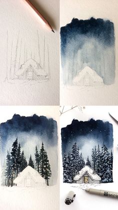 four pictures of the process of painting trees and houses with watercolors on paper