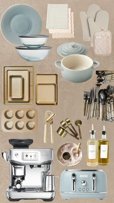 an assortment of kitchen utensils are arranged on a beige background with white and blue accents