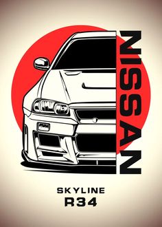 the front end of a white car with red and black lettering that reads nissan skyline r34