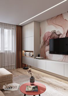 the living room is decorated in white and pink tones with an abstract painting on the wall