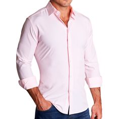 A true athletic fit crafted from our Athletic Performance Fabric, this solid pink dress shirt has a semi-spread collar and is extremely stretchy and soft for supreme comfort. "The Herbert" is a classic and its versatility will keep it a timeless dress shirt for ages to come. Hidden collar button ensures your collar will be standing tall and crisp all day long Comes equipped with two "State and Liberty" stainless steel collar stays and embroidered "S&L" on the button side placket SIZING Our s Pink Slim Fit Dress Shirt For Semi-formal Occasions, Fitted Pink Shirt For Business Casual, Pink Slim Fit Dress Shirt For Work, Pink Slim Fit Business Shirt, Pink Long Sleeve Dress Shirt For Business Casual, Pink Fitted Dress Shirt For Business Casual, Fitted Pink Dress Shirt For Business Casual, Pink Fitted Dress Shirt With Spread Collar, Fitted Pink Tops For Business