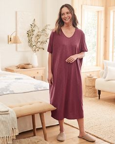 We gave this sleep gown a slightly more streamlined silhouette without losing its cocoon-like essence. In soft, breathable jersey-knit organic cotton and TENCEL™ Lyocell, with a tranquil and restorative color palette that's truly the stuff of dreams.  Exclusive. Cocoon silhouette.  Scoop neckline.  Short dolman sleeves. Comfortable Modal Sleepwear, Solid Modal Sleepwear, Modal Sleepwear For Sleep, Solid Color Relaxed Fit Dresses For Loungewear, Relaxed Fit Solid Color Loungewear Dress, Sleep Gown, Women Sleepwear, Cotton Pajamas, Women's Sleepwear