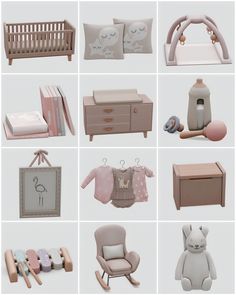 the baby's room is all pink and grey with white accents, including a crib