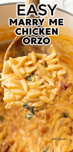 a wooden spoon full of chicken orzo with text overlay that reads easy mary me chicken orzo