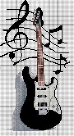 an electric guitar with musical notes on the strings and in front of it is a cross stitch pattern