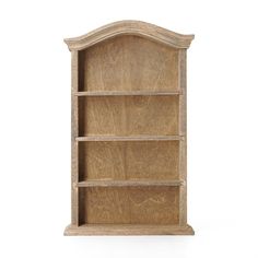 a wooden bookcase with three shelves on each side and one door open to the other