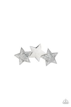 Painted in glittery silver sparkles, a sparkly pair of stars flanks a shiny silver star, coalescing into a stellar centerpiece. Features a standard hair clip. Silver Hair Accessory, Star Centerpieces, Silver Hair Clip, Mobile Boutique, 背景 シンプル, Glitter Hair, Paparazzi Accessories, Paparazzi Jewelry, Shiny Silver