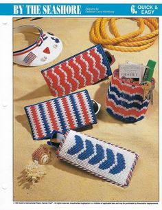 three purses are shown on the cover of an old knitting pattern, one is red white and blue