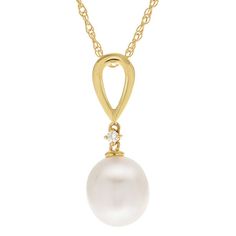 A modern look with classic appeal, this pearl pendant is a welcome addition to her jewelry box. Crafted in 14K gold, this glamorous choice features a luminous 8.0-9.0mm oval-shaped cultured freshwater pearl dangle below a shimmering diamond accent - all suspended from a gleaming open loop bail. Polished to a bright shine, this pendant suspends along an 18.0-inch rope chain that secures with a spring-ring clasp. Yellow Gold Oval Pearl Necklace, Oval Yellow Gold Pearl Necklace, Yellow Gold Teardrop Pearl Necklace For Formal Occasions, Formal Teardrop Yellow Gold Pearl Necklace, Classic Pear-shaped Pearl Pendant Jewelry, Formal Yellow Gold Teardrop Pearl Necklace, Elegant Pearl Drop Necklace With Oval Pendant, Elegant Oval Pendant Pearl Drop Necklace, Oval Pearl Drop Necklace For Anniversary