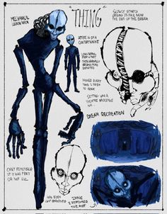 an image of a character sheet for the animated film, alien man with blue skin and black