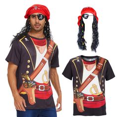 a man with long black hair wearing a pirate shirt and bandannas on his head