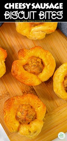 cheese sausage biscuit bites on a cutting board with the title in the middle above it