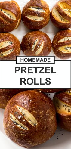 homemade pretzel rolls on a plate with the words homemade pretzel rolls