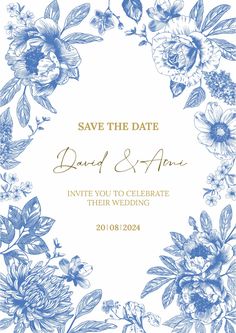 save the date card with blue flowers and leaves