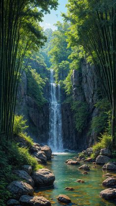 a painting of a waterfall in the middle of a forest filled with rocks and trees